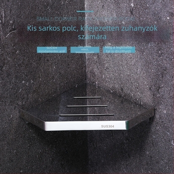 304 rozsdamentes acél háromszög sarokpolc, fúrás nélküli rögzítés, ventillátor alakú sarok, 1 szint, teherbírás 30 kg
