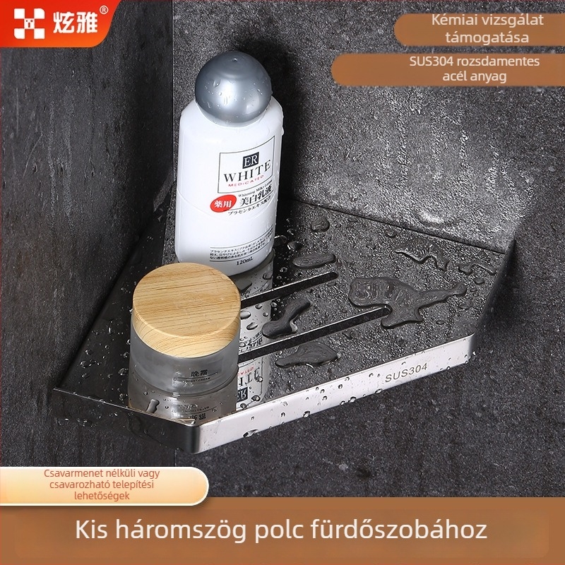 304 rozsdamentes acél háromszög sarokpolc, fúrás nélküli rögzítés, ventillátor alakú sarok, 1 szint, teherbírás 30 kg