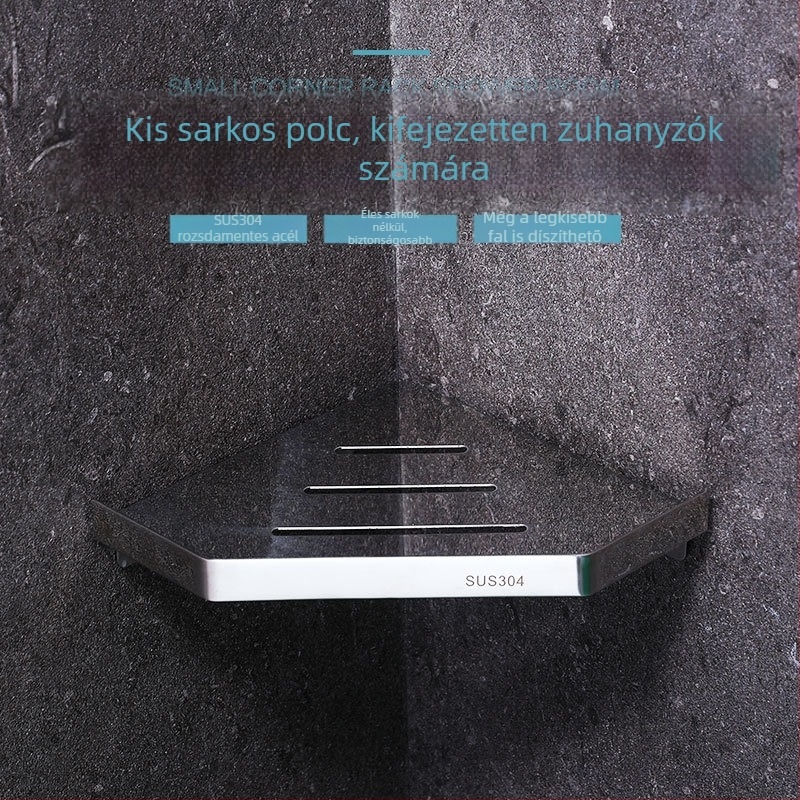 304 rozsdamentes acél háromszög sarokpolc, fúrás nélküli rögzítés, ventillátor alakú sarok, 1 szint, teherbírás 30 kg