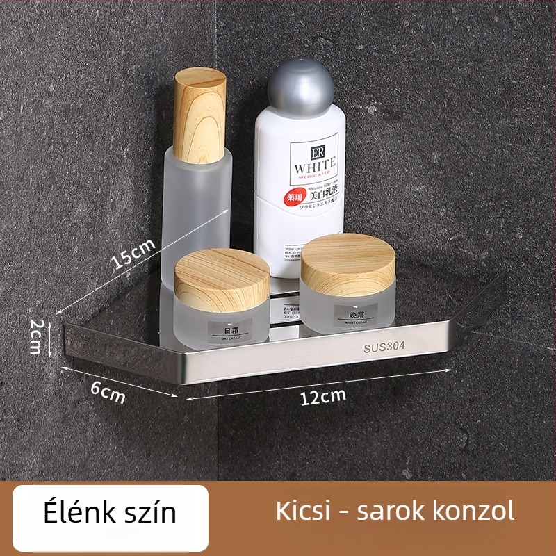 304 rozsdamentes acél háromszög sarokpolc, fúrás nélküli rögzítés, ventillátor alakú sarok, 1 szint, teherbírás 30 kg