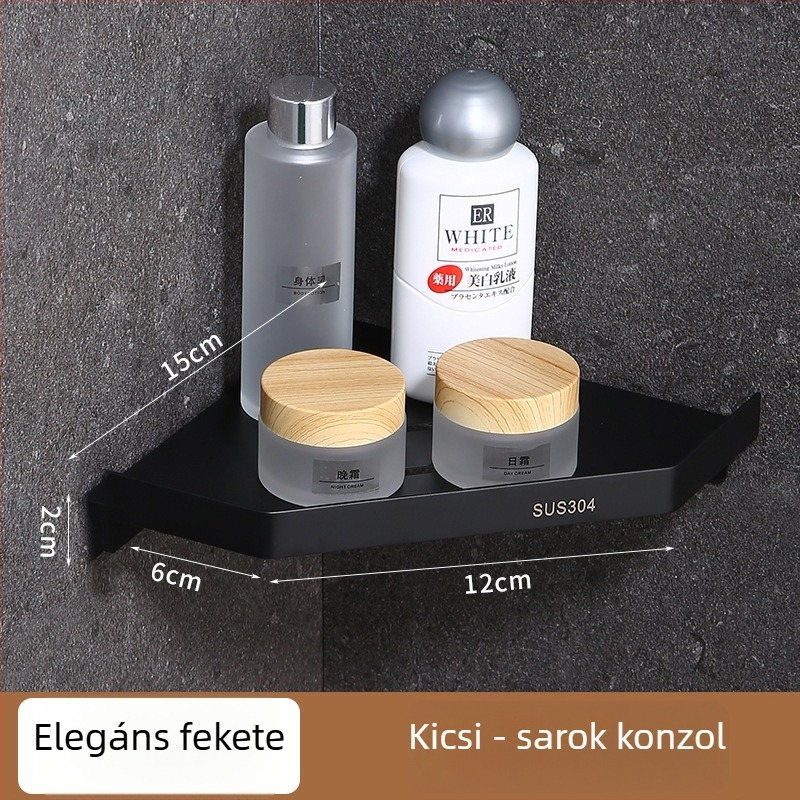 304 rozsdamentes acél háromszög sarokpolc, fúrás nélküli rögzítés, ventillátor alakú sarok, 1 szint, teherbírás 30 kg
