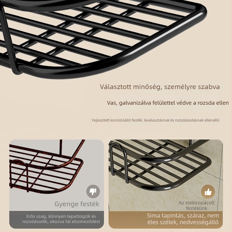 Falra szerelhető háromszög alakú fürdőszobai tárolókosár, fúrás nélkül, vasból, egy szintes, skandináv stílus, teherbírás 5–10 kg