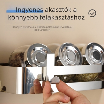 Fali sarokpolc 304 rozsdamentes acélból, polírozott felülettel, lyukasztás nélkül, több rétegű, teherbírás 20 kg