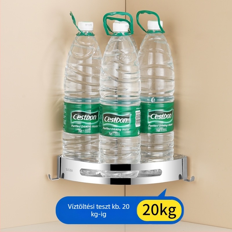 Fali sarokpolc 304 rozsdamentes acélból, polírozott felülettel, lyukasztás nélkül, több rétegű, teherbírás 20 kg
