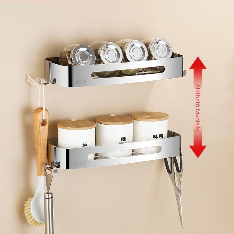 Fali sarokpolc 304 rozsdamentes acélból, polírozott felülettel, lyukasztás nélkül, több rétegű, teherbírás 20 kg