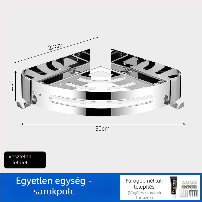 Fali sarokpolc 304 rozsdamentes acélból, polírozott felülettel, lyukasztás nélkül, több rétegű, teherbírás 20 kg