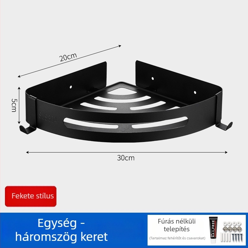 Fali sarokpolc 304 rozsdamentes acélból, polírozott felülettel, lyukasztás nélkül, több rétegű, teherbírás 20 kg