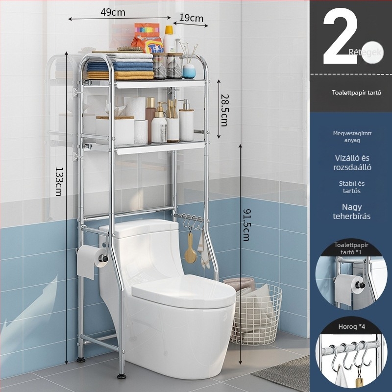 3‑részes padlón álló fürdőszobai tároló rozsdamentes acélból – WC-hez és mosógéphez, többfunkciós, modern minimalist stílus