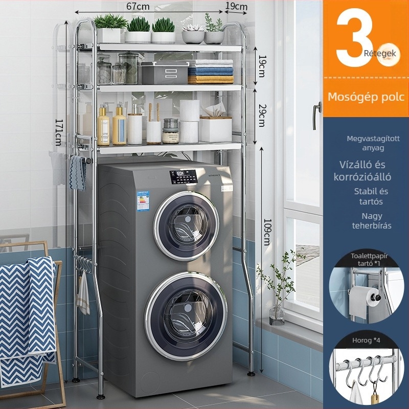 3‑részes padlón álló fürdőszobai tároló rozsdamentes acélból – WC-hez és mosógéphez, többfunkciós, modern minimalist stílus