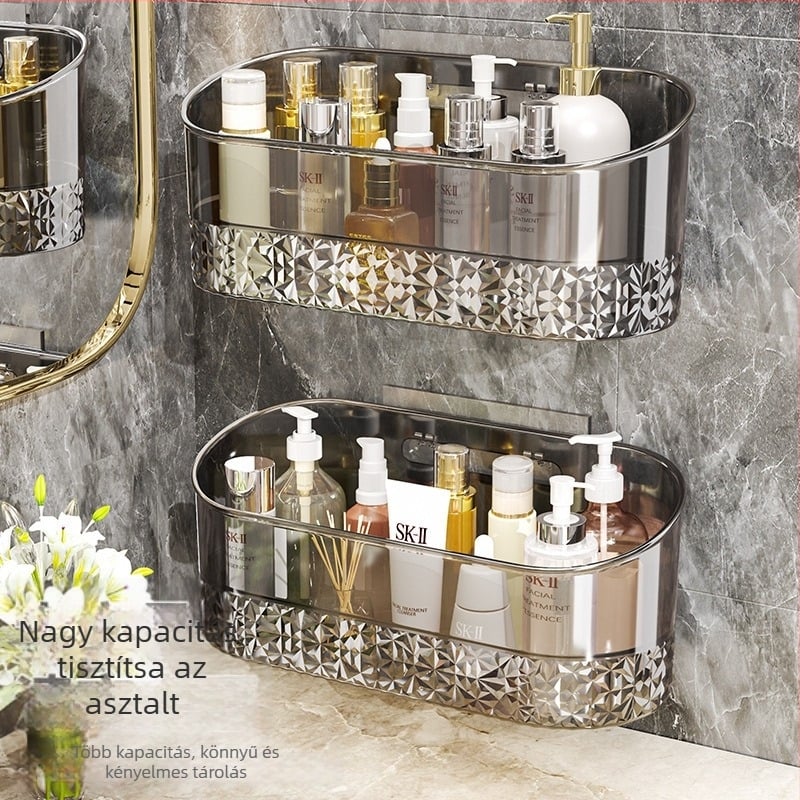 Fali fürdőszobai tárolópolc, átlátszó műanyag, fúrás nélküli, egyemeletes polc kozmetikai tárolásra (teherbírás 1–5 kg), spray-plasztik felület