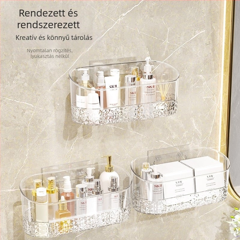 Fali fürdőszobai tárolópolc, átlátszó műanyag, fúrás nélküli, egyemeletes polc kozmetikai tárolásra (teherbírás 1–5 kg), spray-plasztik felület