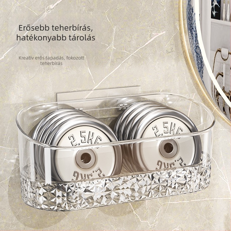 Fali fürdőszobai tárolópolc, átlátszó műanyag, fúrás nélküli, egyemeletes polc kozmetikai tárolásra (teherbírás 1–5 kg), spray-plasztik felület