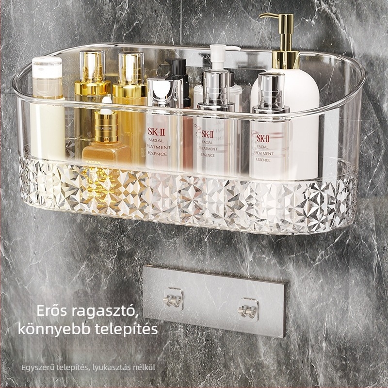 Fali fürdőszobai tárolópolc, átlátszó műanyag, fúrás nélküli, egyemeletes polc kozmetikai tárolásra (teherbírás 1–5 kg), spray-plasztik felület