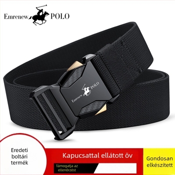 Férfiaknak való vászonrugalmas öv, nylon anyag, ötvözet csattal, gombos zárás, szélesség 2–4 cm