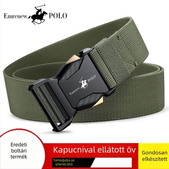 Férfiaknak való vászonrugalmas öv, nylon anyag, ötvözet csattal, gombos zárás, szélesség 2–4 cm