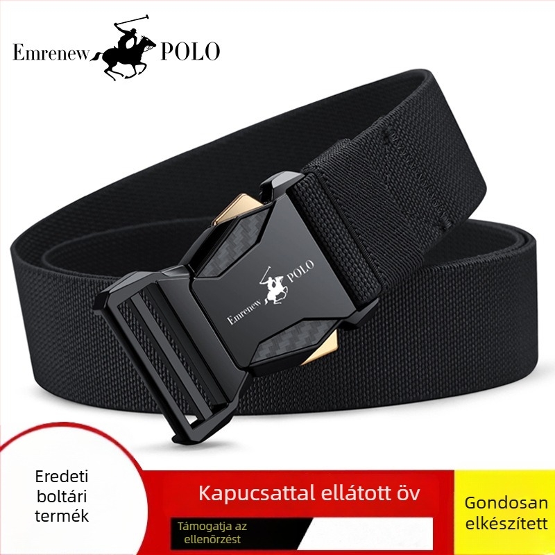 Férfiaknak való vászonrugalmas öv, nylon anyag, ötvözet csattal, gombos zárás, szélesség 2–4 cm