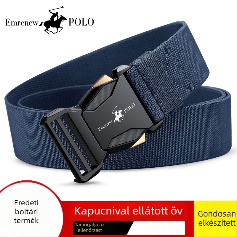 Férfiaknak való vászonrugalmas öv, nylon anyag, ötvözet csattal, gombos zárás, szélesség 2–4 cm