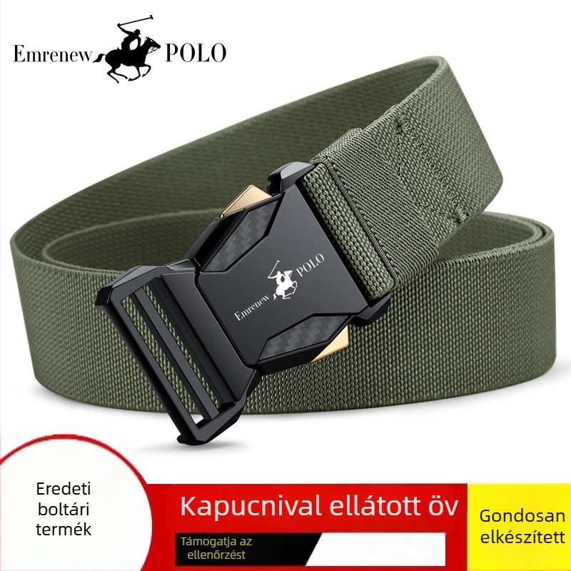 Férfiaknak való vászonrugalmas öv, nylon anyag, ötvözet csattal, gombos zárás, szélesség 2–4 cm