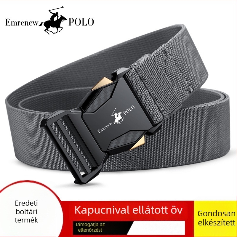 Férfiaknak való vászonrugalmas öv, nylon anyag, ötvözet csattal, gombos zárás, szélesség 2–4 cm