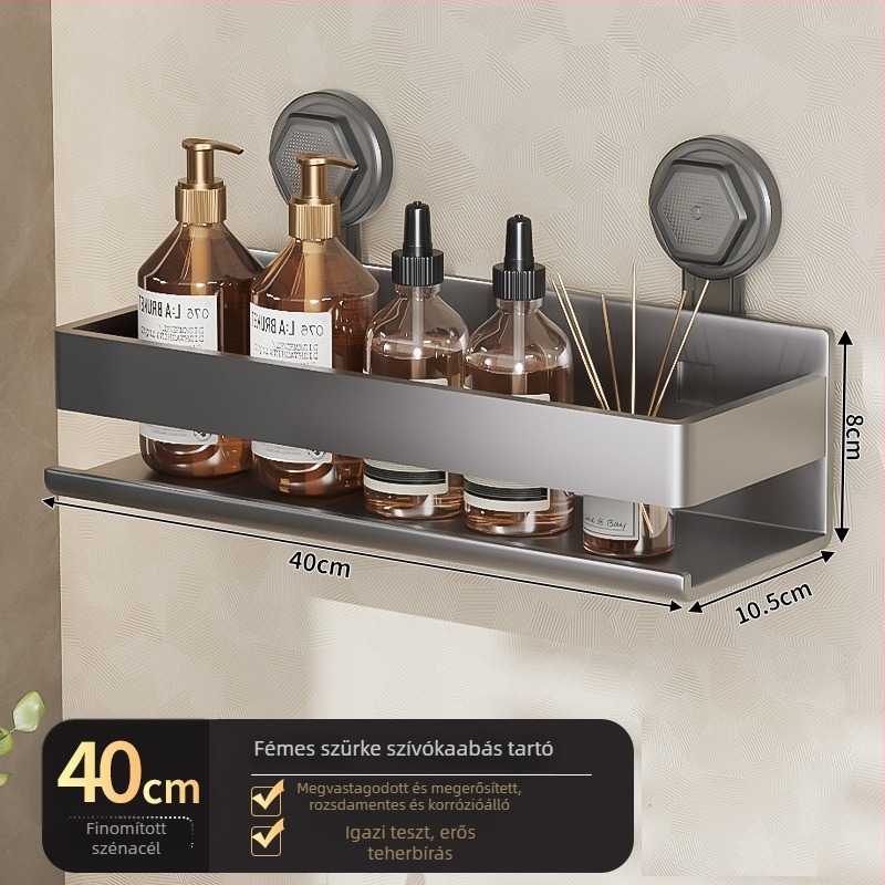 Két szintes falra szerelhető fürdőszobai tároló vákuumos rögzítéssel, fúrás nélkül (Modell ZWJ-023; Anyag: Vas; Felületkezelés: Spray műanyag; Teherbírás: 10 kg)