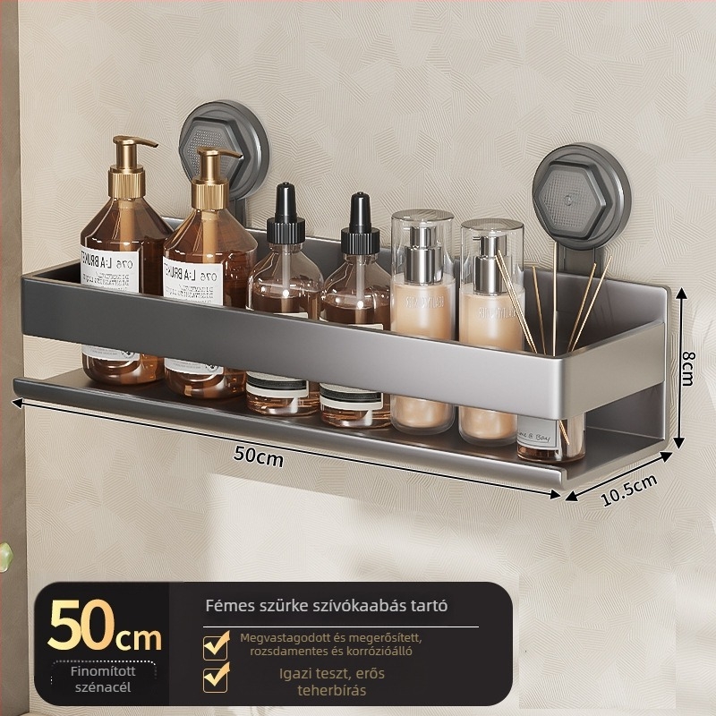 Két szintes falra szerelhető fürdőszobai tároló vákuumos rögzítéssel, fúrás nélkül (Modell ZWJ-023; Anyag: Vas; Felületkezelés: Spray műanyag; Teherbírás: 10 kg)