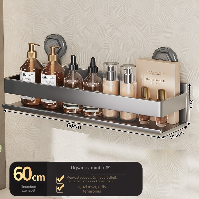 Két szintes falra szerelhető fürdőszobai tároló vákuumos rögzítéssel, fúrás nélkül (Modell ZWJ-023; Anyag: Vas; Felületkezelés: Spray műanyag; Teherbírás: 10 kg)