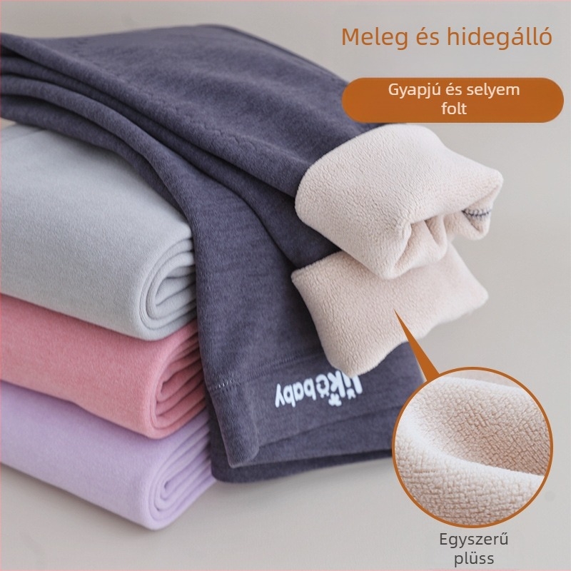 Gyerekeknek meleg belső fleece-szel ellátott leggings, 90% poliészter, kasmírhatás, magas derekú, őszi–téli alapréteg, térdvédő