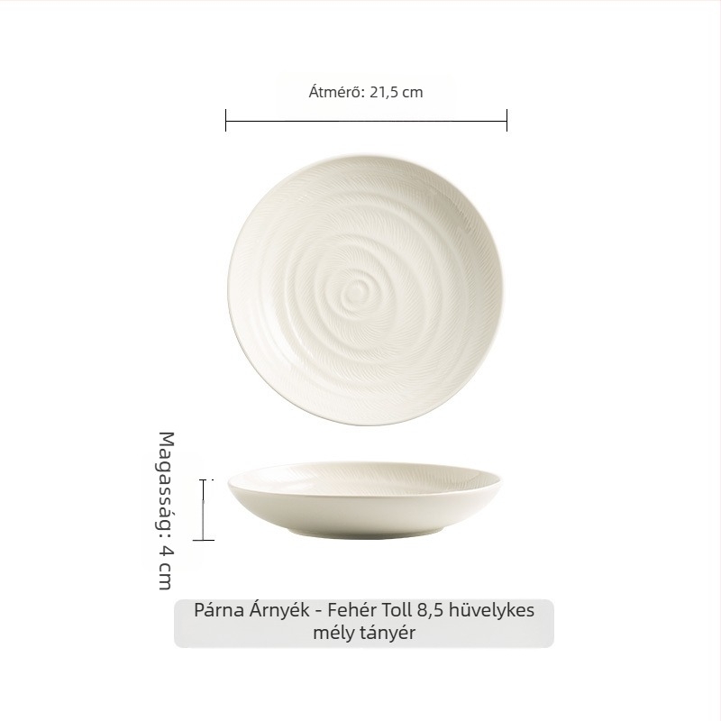 Porcelán vacsora tányér, toll formájú mélytányér, skandináv stílus, mikrózható, alglazúros felület