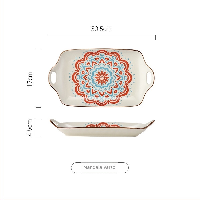 Bohemia porcelán téglalap alakú halas tál kettős fogantyúval, aláglazúrral, virágmintás, mikrohullámú sütőben használható