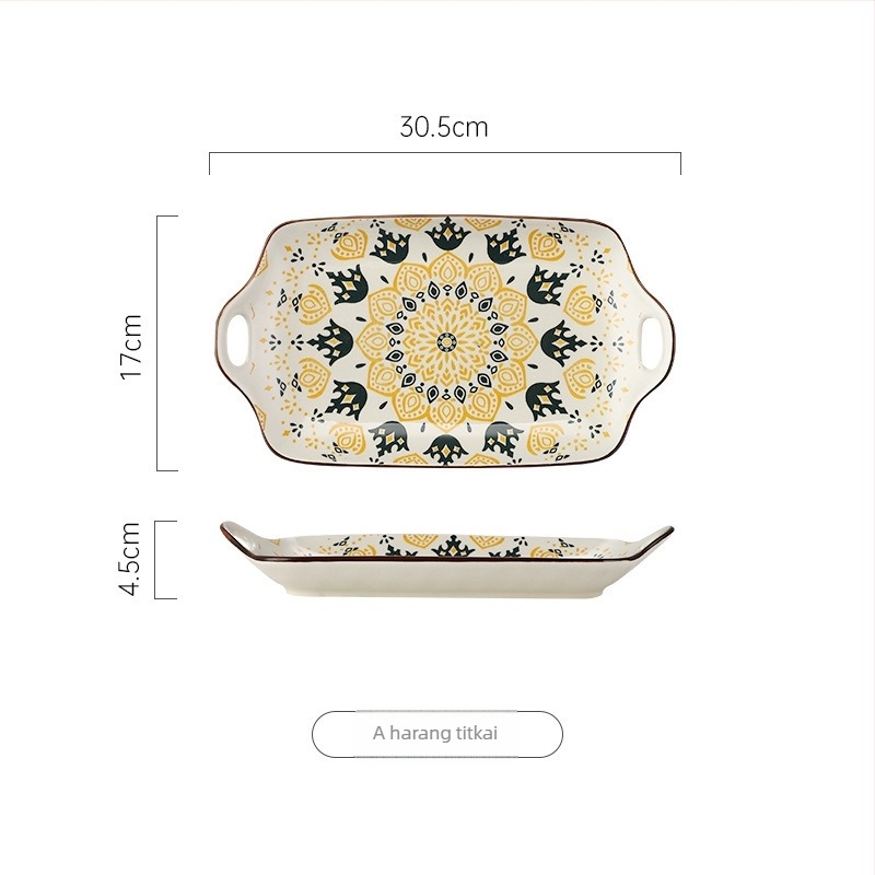 Bohemia porcelán téglalap alakú halas tál kettős fogantyúval, aláglazúrral, virágmintás, mikrohullámú sütőben használható