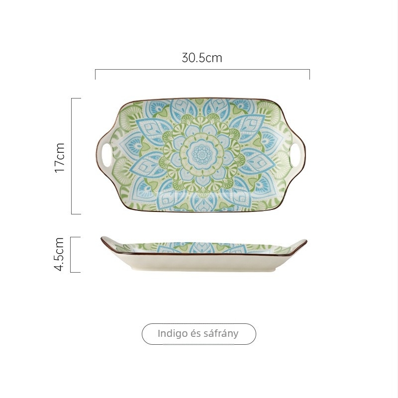 Bohemia porcelán téglalap alakú halas tál kettős fogantyúval, aláglazúrral, virágmintás, mikrohullámú sütőben használható