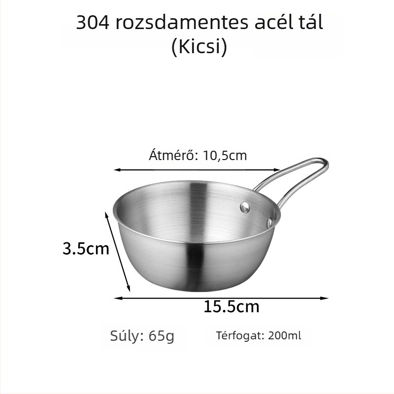 304 rozsdamentes acél kör alakú tál logóval; testreszabható feldolgozás; mikrohullámú sütő nem használható; ideális forró pot fűszereihez és gyümölcssalátához