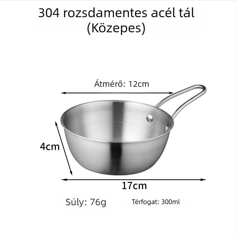 304 rozsdamentes acél kör alakú tál logóval; testreszabható feldolgozás; mikrohullámú sütő nem használható; ideális forró pot fűszereihez és gyümölcssalátához