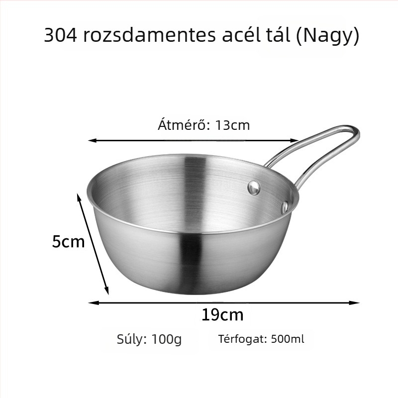 304 rozsdamentes acél kör alakú tál logóval; testreszabható feldolgozás; mikrohullámú sütő nem használható; ideális forró pot fűszereihez és gyümölcssalátához