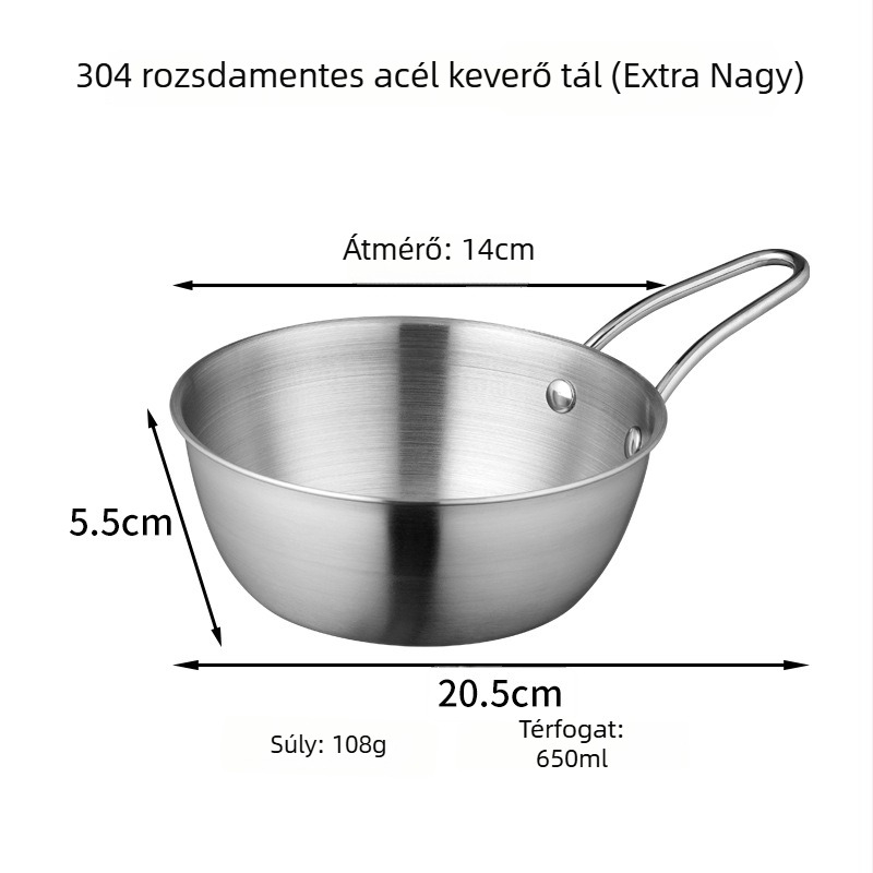 304 rozsdamentes acél kör alakú tál logóval; testreszabható feldolgozás; mikrohullámú sütő nem használható; ideális forró pot fűszereihez és gyümölcssalátához