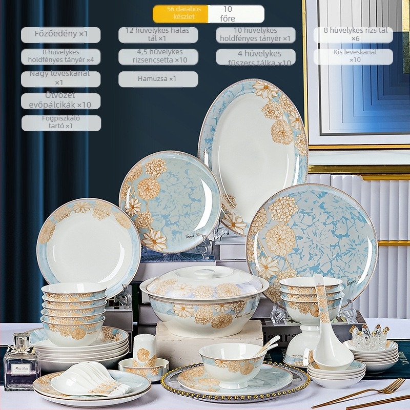 Csontporcelán étkészlet tálakkal és tányérokkal, könnyed luxus stílus, virágos mintázat, kör alak, mikrohullámú sütőben használható, nyomtatott logó