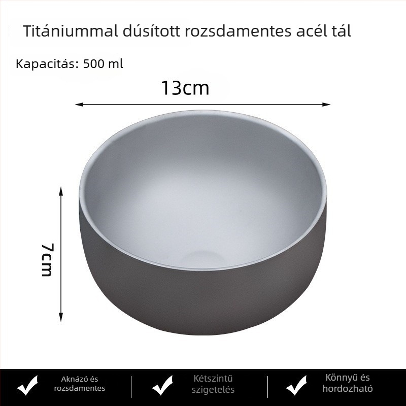 Rozsdamentes acélból készült tál titán tisztítás felülettel, kültéri stílus, kerek formájú, mikrohullámú sütő nem használható