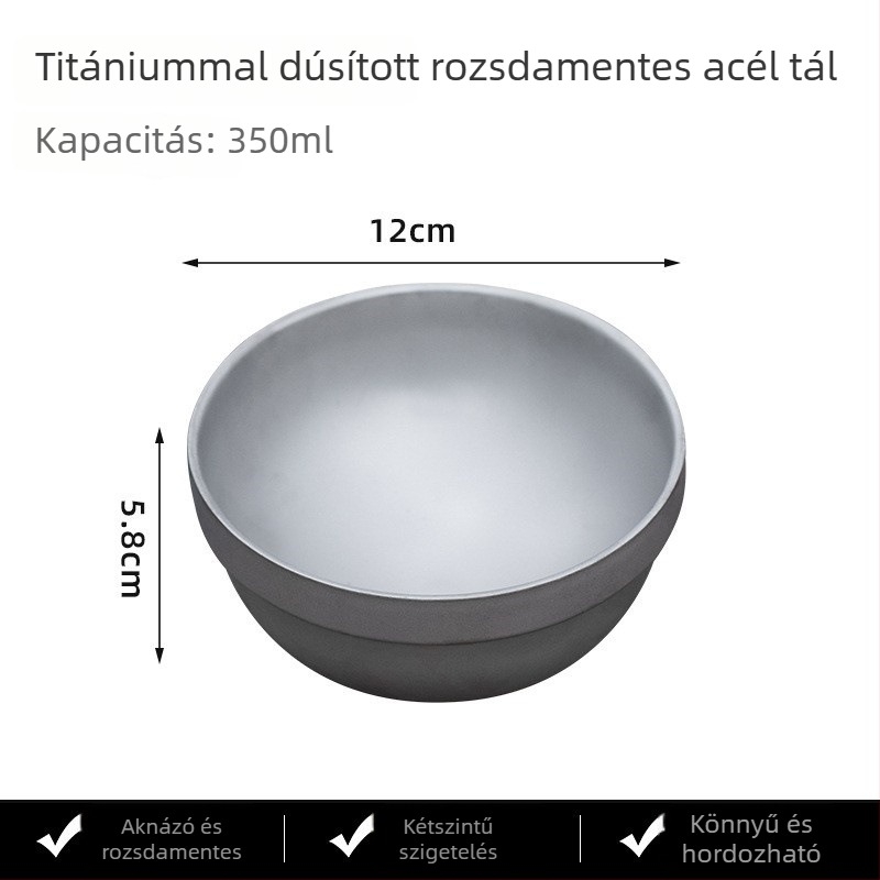 Rozsdamentes acélból készült tál titán tisztítás felülettel, kültéri stílus, kerek formájú, mikrohullámú sütő nem használható