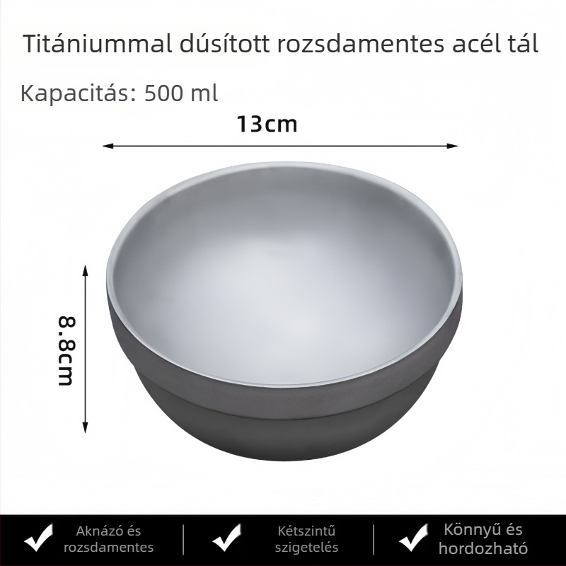 Rozsdamentes acélból készült tál titán tisztítás felülettel, kültéri stílus, kerek formájú, mikrohullámú sütő nem használható