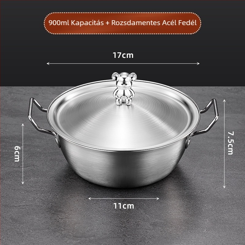 304 rozsdamentes acél instant tészta tál fedéllel, medve alakú dupla fogóval, kettős funkciójú, hordozható kollégiumi tál