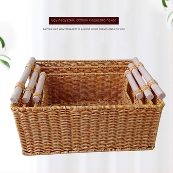 Fa fogantyúval ellátott tárolókosár, vas keret, műanyag rattan és PP anyag (Modern minimalista stílus, 2020 ősz)
