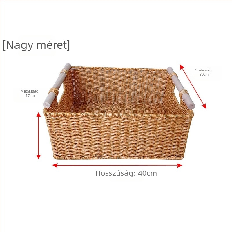 Fa fogantyúval ellátott tárolókosár, vas keret, műanyag rattan és PP anyag (Modern minimalista stílus, 2020 ősz)