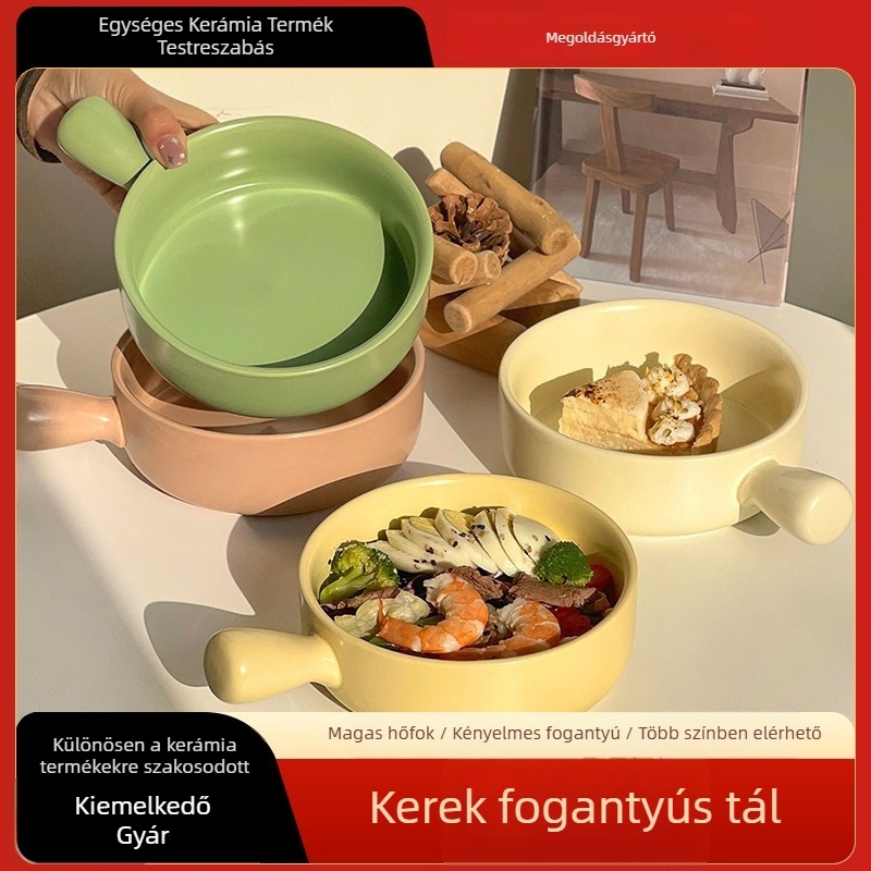Fogantyús kerámia tál leveshez és tésztához, kör alakú, aláglazúrozott felület, mikrohullámú sütőben használható, logóval testreszabható