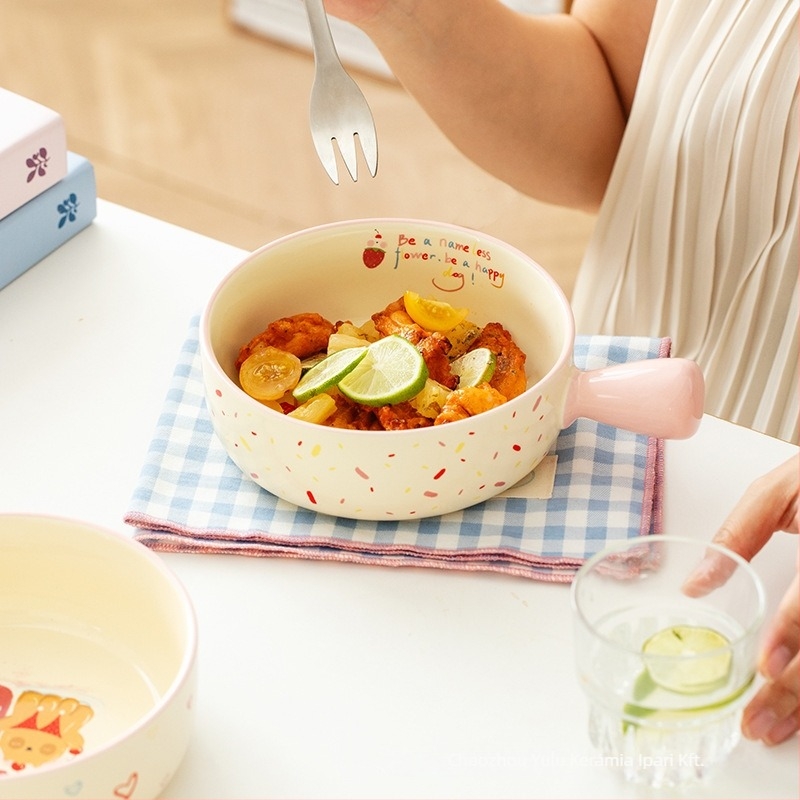 Island Deer kerámia tál aranyos rajzfilmszerű fogantyúval – mikrohullámú sütőben használható, kör alakú