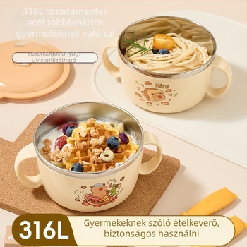 316 rozsdamentes acél gyerekeknek tervezett tál, élelmiszer-minőség, fedél, égésvédelmi kialakítás, mikrohullámú sütőben használható