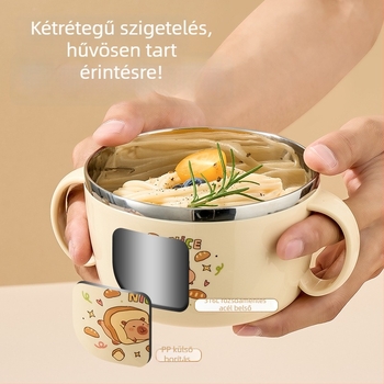 316 rozsdamentes acél gyerekeknek tervezett tál, élelmiszer-minőség, fedél, égésvédelmi kialakítás, mikrohullámú sütőben használható