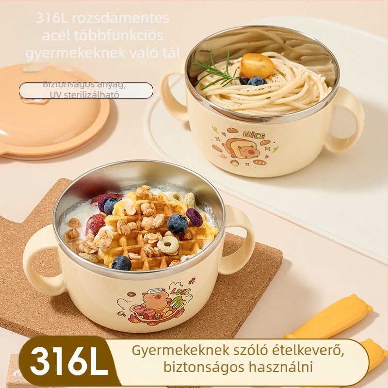 316 rozsdamentes acél gyerekeknek tervezett tál, élelmiszer-minőség, fedél, égésvédelmi kialakítás, mikrohullámú sütőben használható