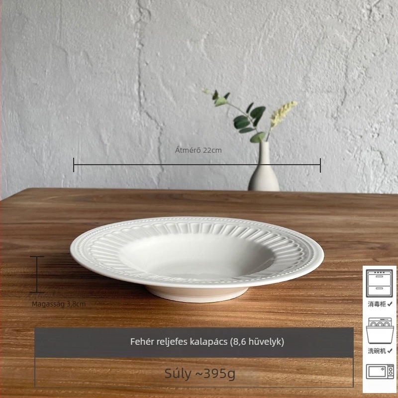 Porcelán tál reliefes mintával, könnyed luxus retro stílus, mikróhullámú sütőben használható, felülete alglazúrral festett