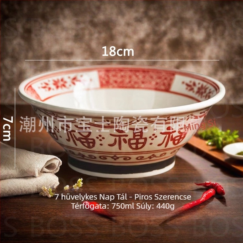 Bairunj porcelán ramen tál alglazúros színmintával, jó szerencse motívummal, magas lábú dizájn, modern minimalista stílus, mikrohullámú sütőben használható