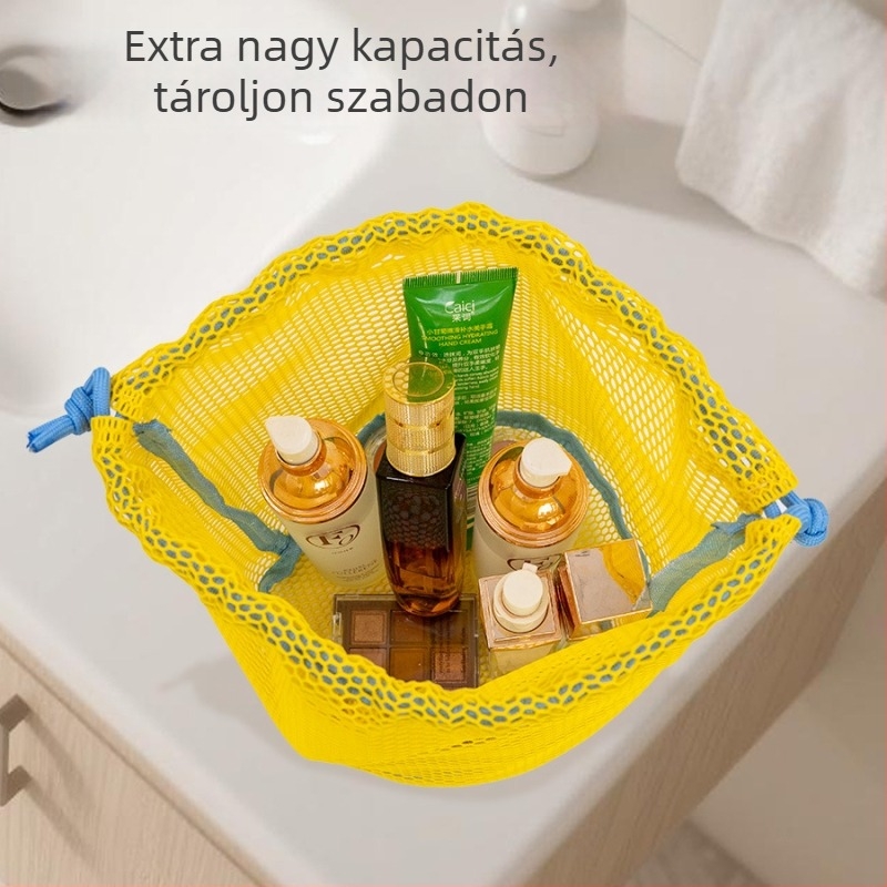 Húzózsinóros, hálós tároló táska – kubus alakú, poliészter, utazáshoz, sokoldalú